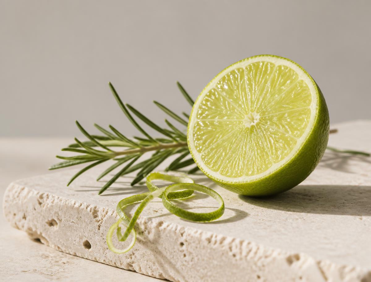 Pale oak surface with rosemary and halved lime in crisp daylight