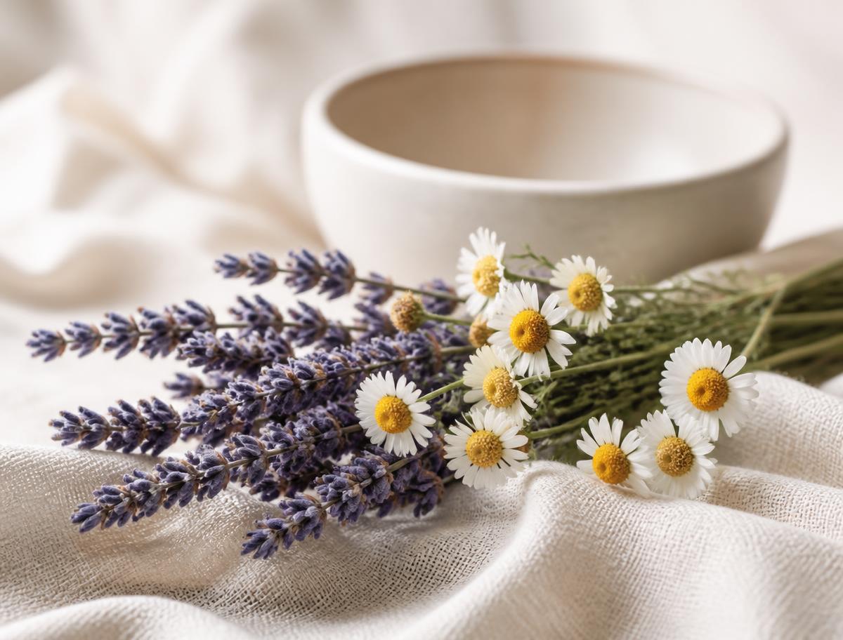 Natural linen on cream limestone with dried lavender and chamomile