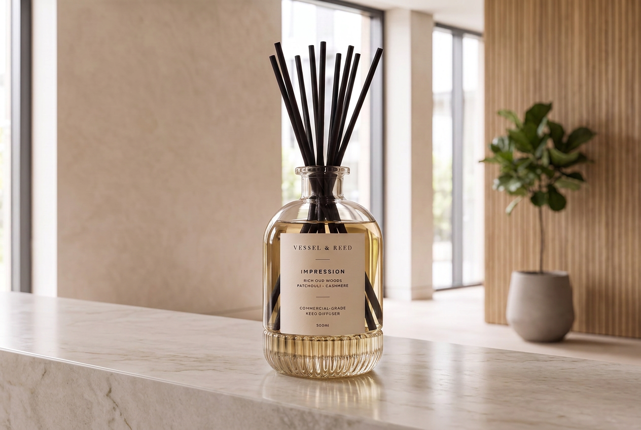 Vessel & Reed Impression reed diffuser on a marble reception counter